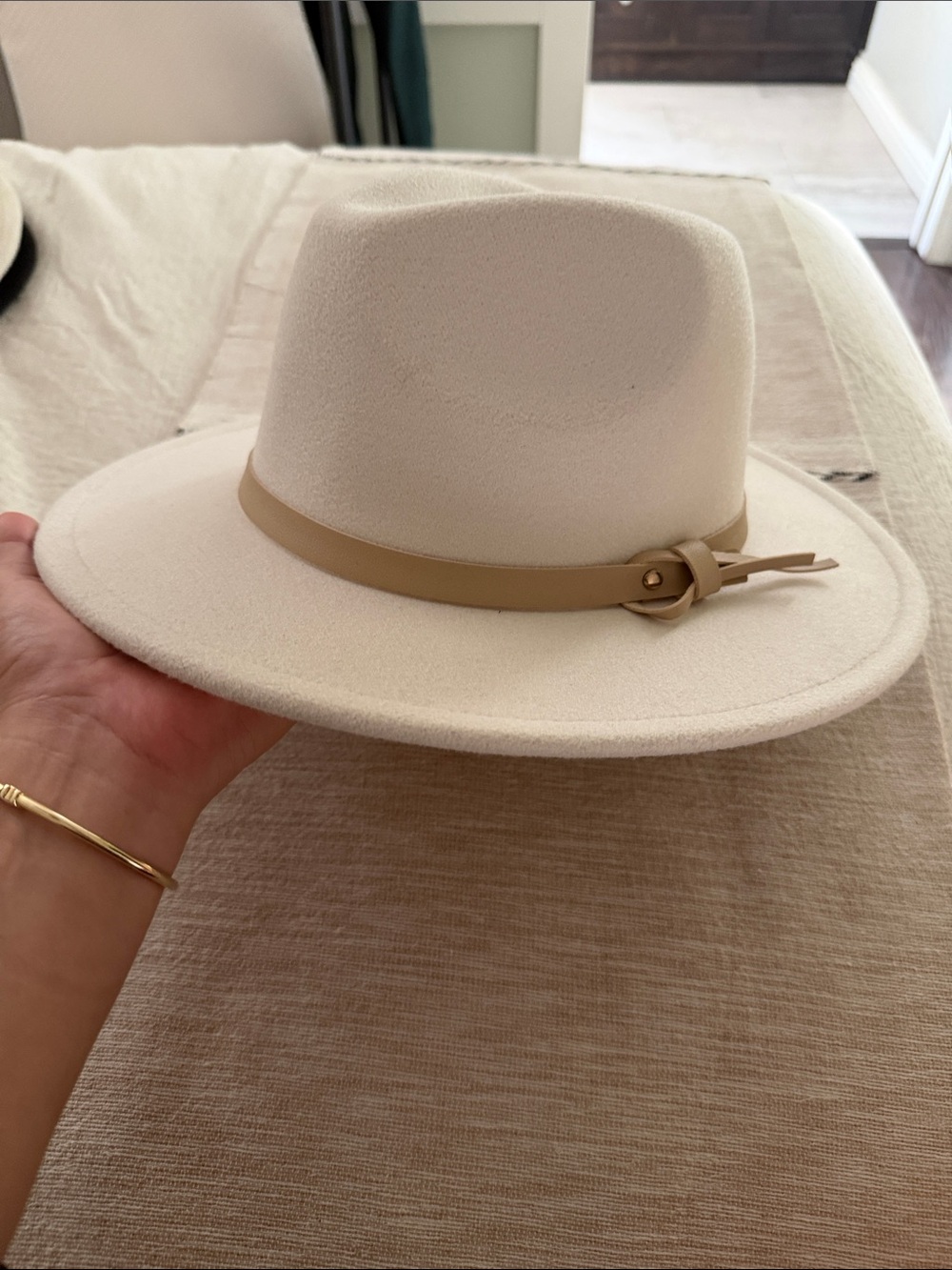 Cream Felt Fedora Hat with Tan Band